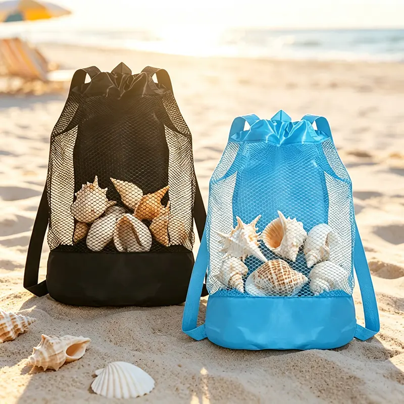1pc Drawstring Gym Bag, Fashion Shoulder Bag Beach Storage Tote, Large Capacity Mesh Bag Multi-Functional Travel Shoulder Backpack, Beach Essentials Organizer, Portable Mesh Bag