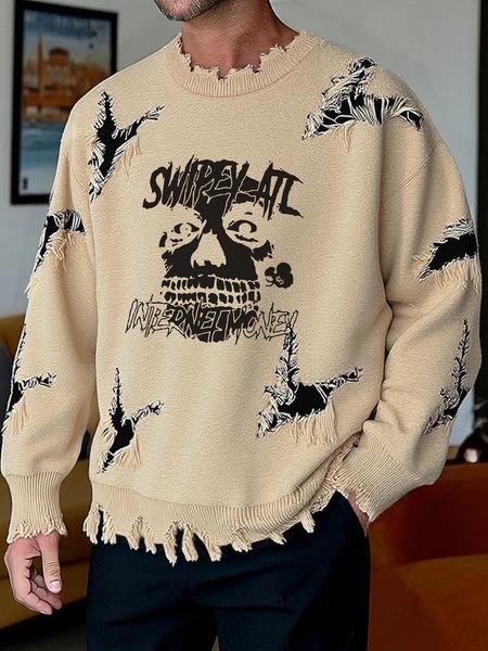 Men's Pattern Sweaters Retro Gothic Long Sleeve Crew neck Pullover knitted Top, Knitwear Tops, Grunge Skull Dollars Design, Aesthetic Gesture Warm Loose Fit Comfortable Jumper,Daily life,Hip-hop, Street wear, Going Out, Halloween Fall Winter Clothes