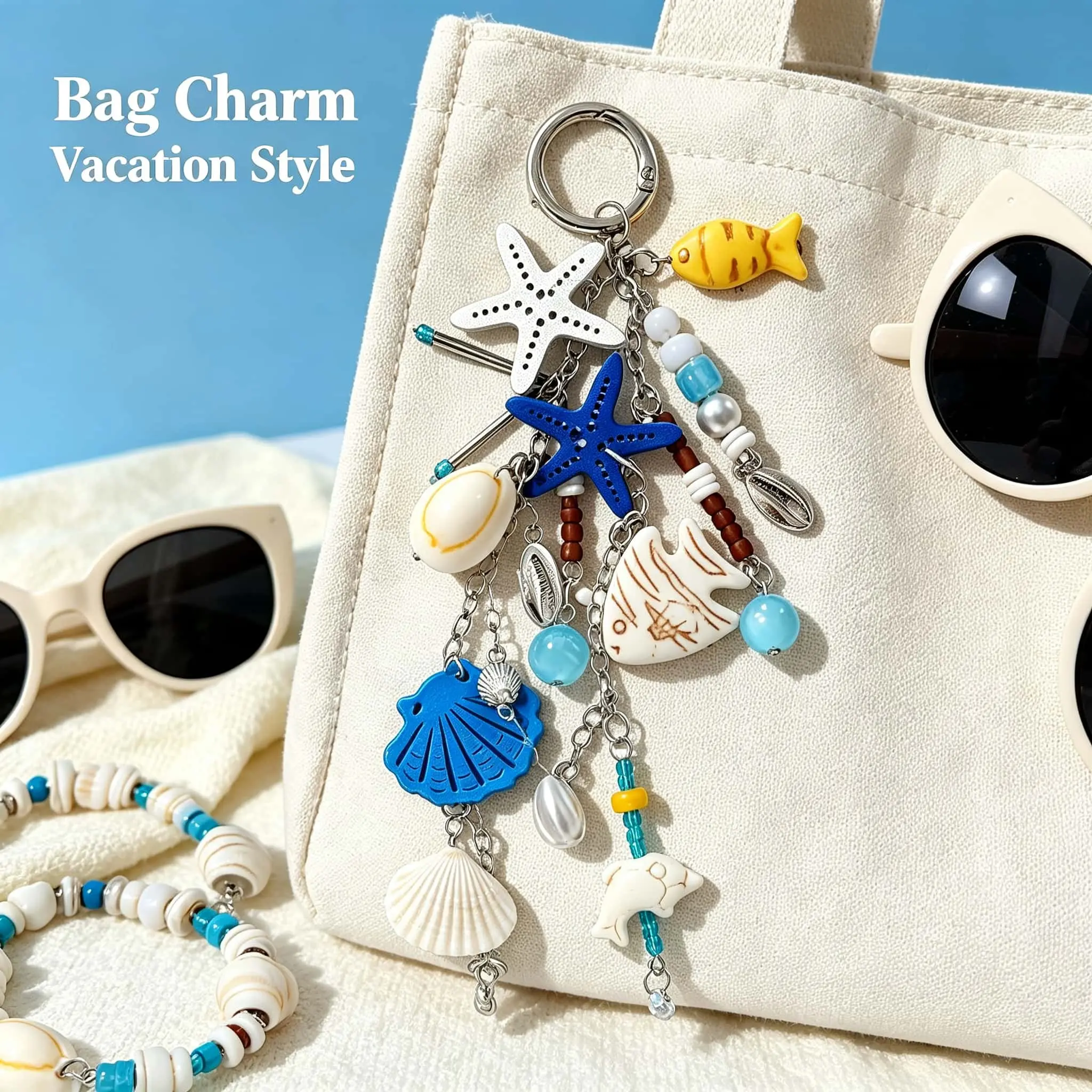 New Starfish Keychain, Ocean Theme Multi-Piece Keychain, Shell Fish Bead Combination, Stylish and Practical, Beach Style Bag Charm, Car Accessory