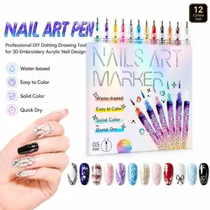 12/24 Shades Nail Drawing Brush pen, Fast Dry Acrylic Manicure Accessory, DIY 3D Pattern & Line Design, Household Salon Nail Kit, Premium Beauty Gift for nail art enthusiasts.