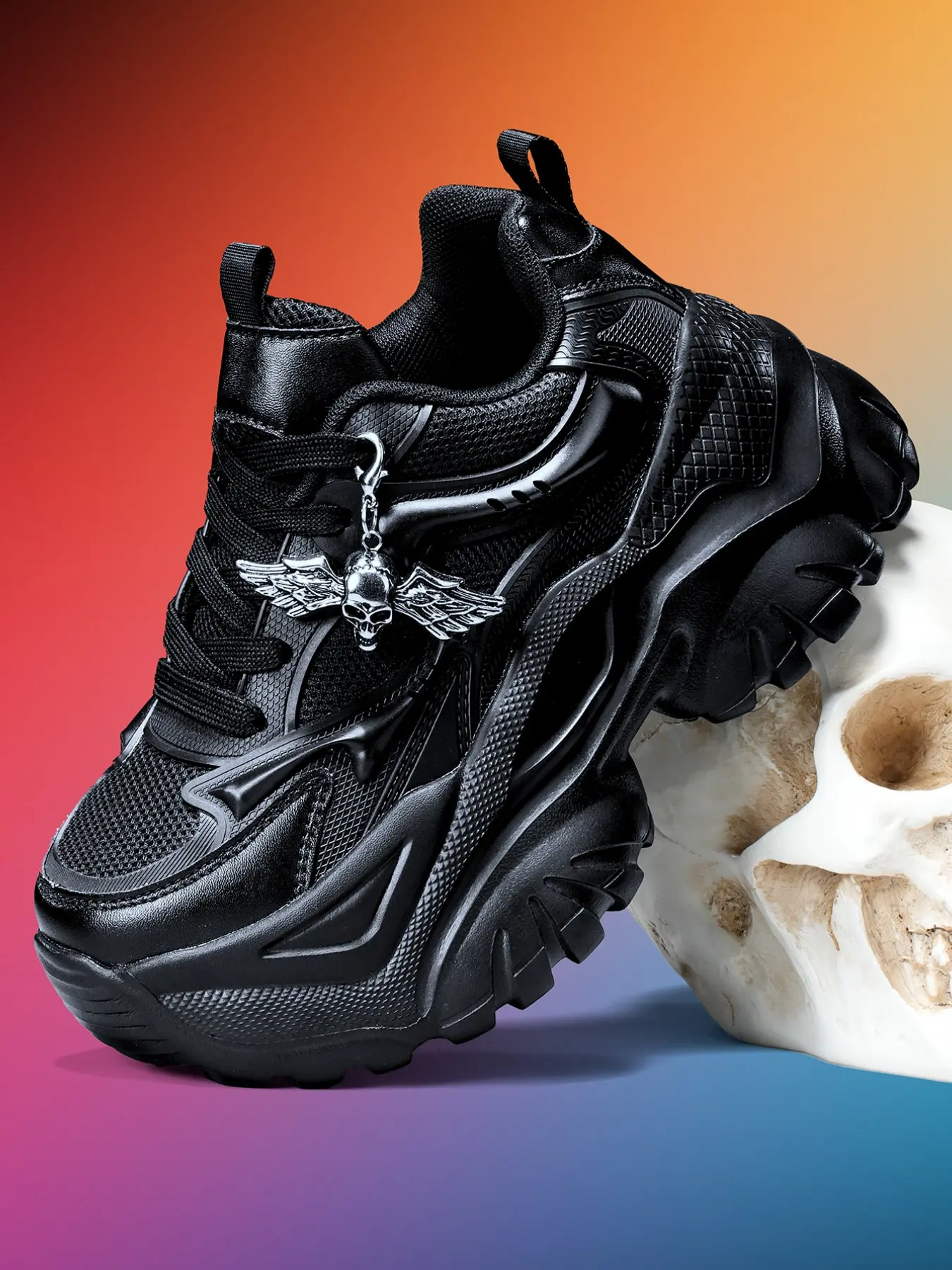 Women's Thick Sole 7cm Heel Outdoor Sports Shoes, Eva Material, Detachable Angel Skull Charm, Punk Style, All Seasons