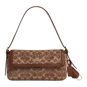 COACH Etta 25 Classic Monogram Fabric Shoulder Bag for Women, Medium Size, Light Khaki with Vintage Brown