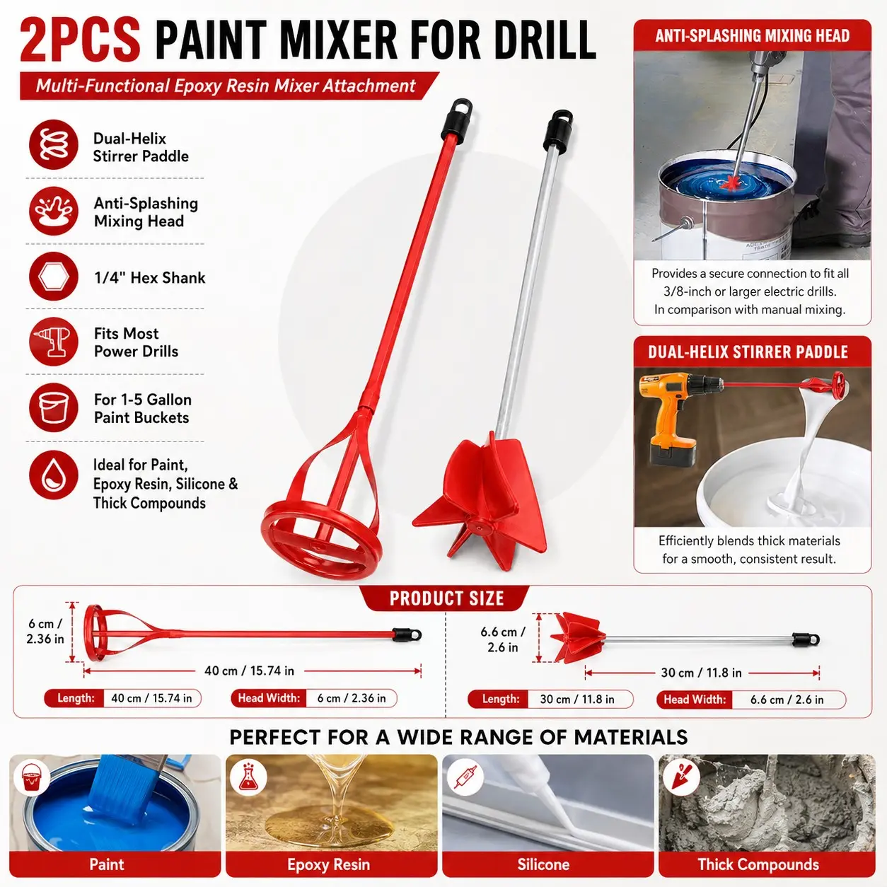 2-Piece Mixing Rod Set, 1/4 Hex Non-Slip Handle, Drill to Mixer Converter, Epoxy Resin/cement Mortar/thick Paint Mixer Rods, Power Tools