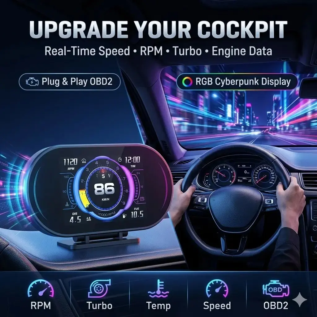 P27 Car Hud Display, Obd+GPS Digital Speedometer, RGB Lights, Dashboard Info, Ideal for Daily Driving, Shows Speed, Rpm, Temperature, Mileage