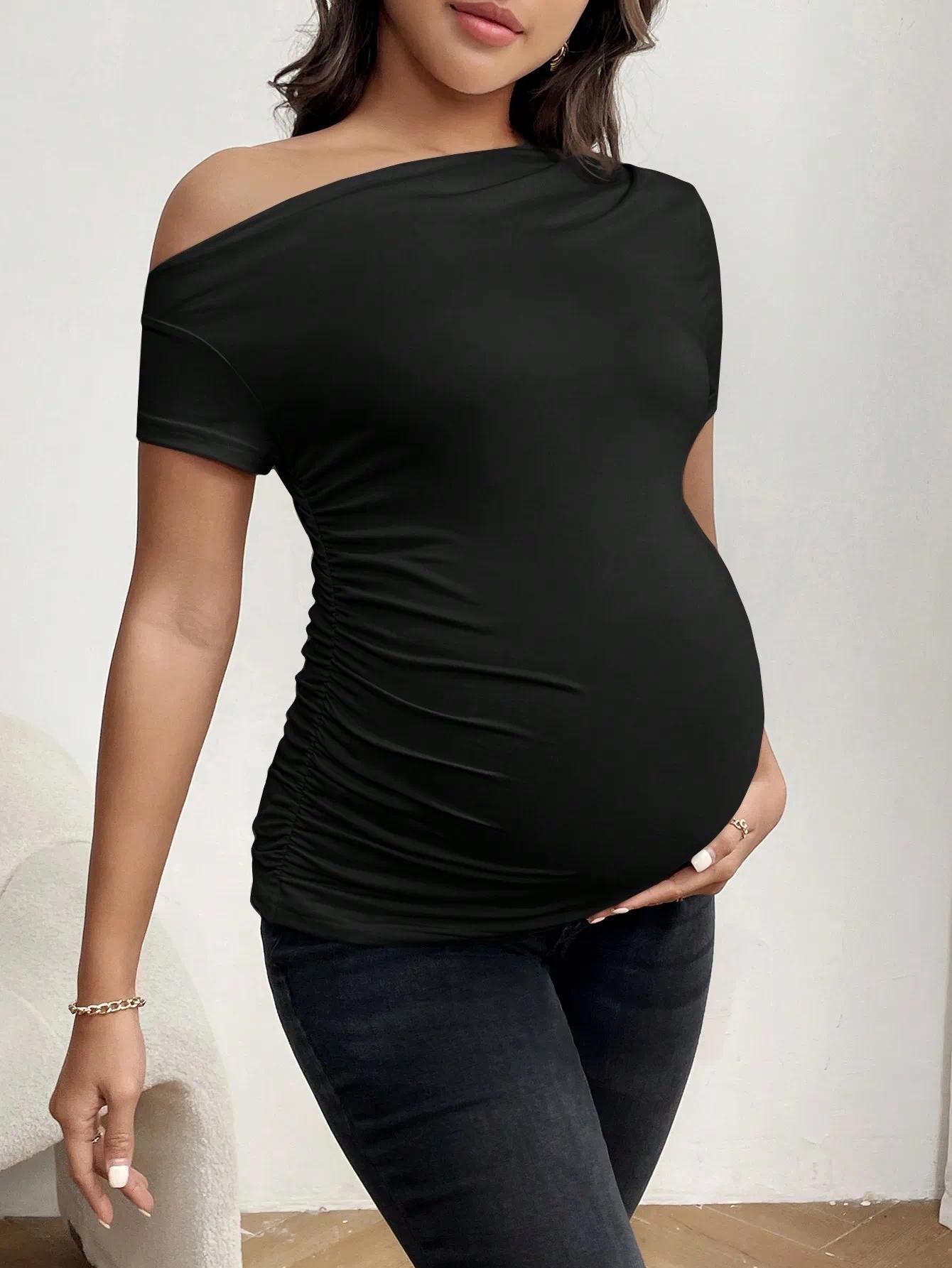 Maternity short-sleeve casual sports black T-shirt for summer, off-the-shoulder shoulder-baring maternity blouse