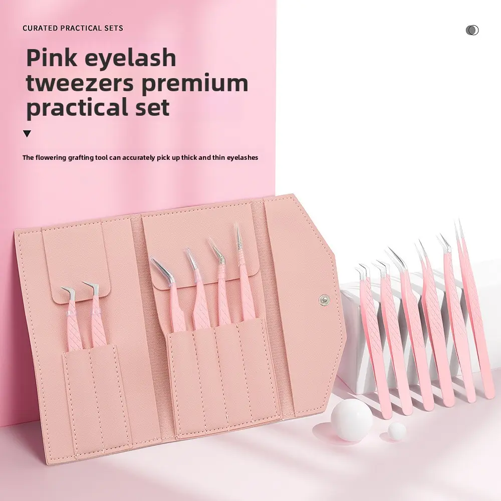 Pink mesh high-precision stainless steel false eyelash tweezers, eyelash extension gold feather clip, eyelash extension tweezers set. Precision Portable Cosmetic Makeup Tweezers Kit with Storage Case for Crafts, Soldering, Eyebrow & Ingrown Hair Removal