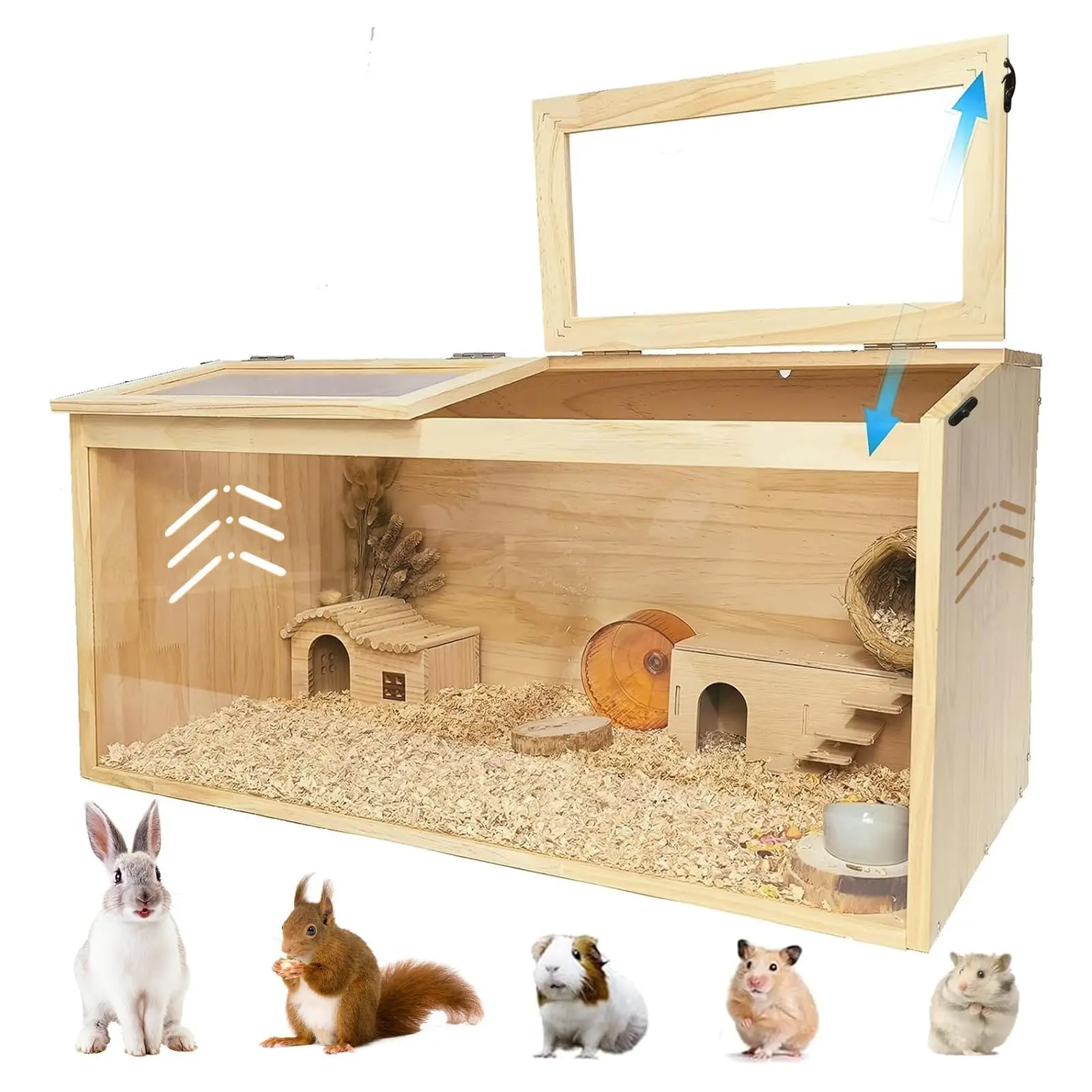 GARVEE Large Wooden Hamster Cage with Acrylic Window and Openable Top, Spacious Small Animal Habitat for Guinea Pigs, Chinchillas, and Gerbils, Measuring 40 x 20 x 20 Inches