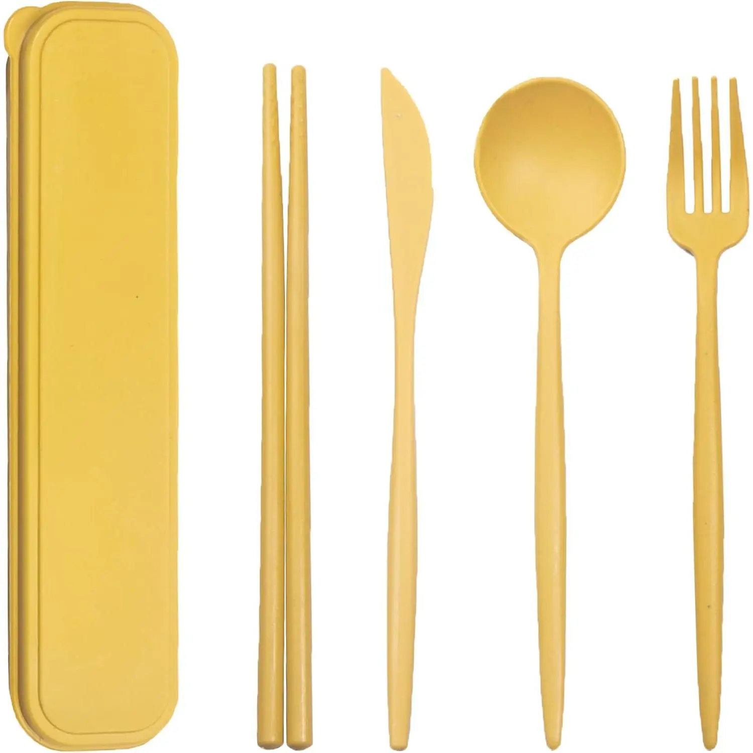 Travel Utensils with Case, Wheat Straw Fork Spoon  Chopsticks | Portable Plastic Camping Cutlery Set,   Tableware Picnic Flatware for  Adults or Daily Use (Yellow)