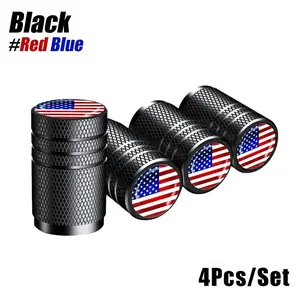 4Pcs Epoxy logo American flag air nozzle cover car tire aluminum alloy colored top three-slot valve cap, suitable for American Independence Day, patriots
