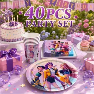 40pcs Kpop Demon Hunter Theme Festive Party Supplies, Disposable Paper Cups Plates Napkins, Kids Party Decor, Christmas Celebration, Festival Events