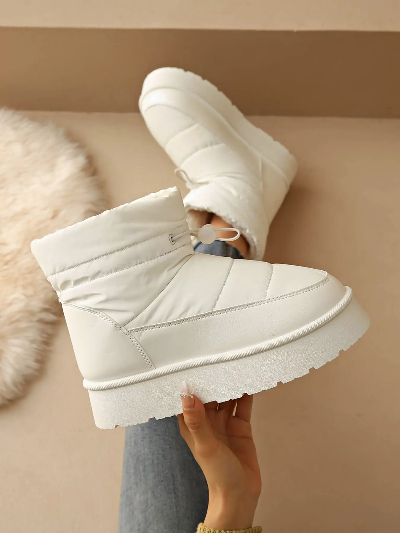 Women Puffer Snow Boots, Platform Thick Sole, Warm Fleece Lined, Ankle Booties, Drawstring Waterproof, Lightweight Winter Short Boots