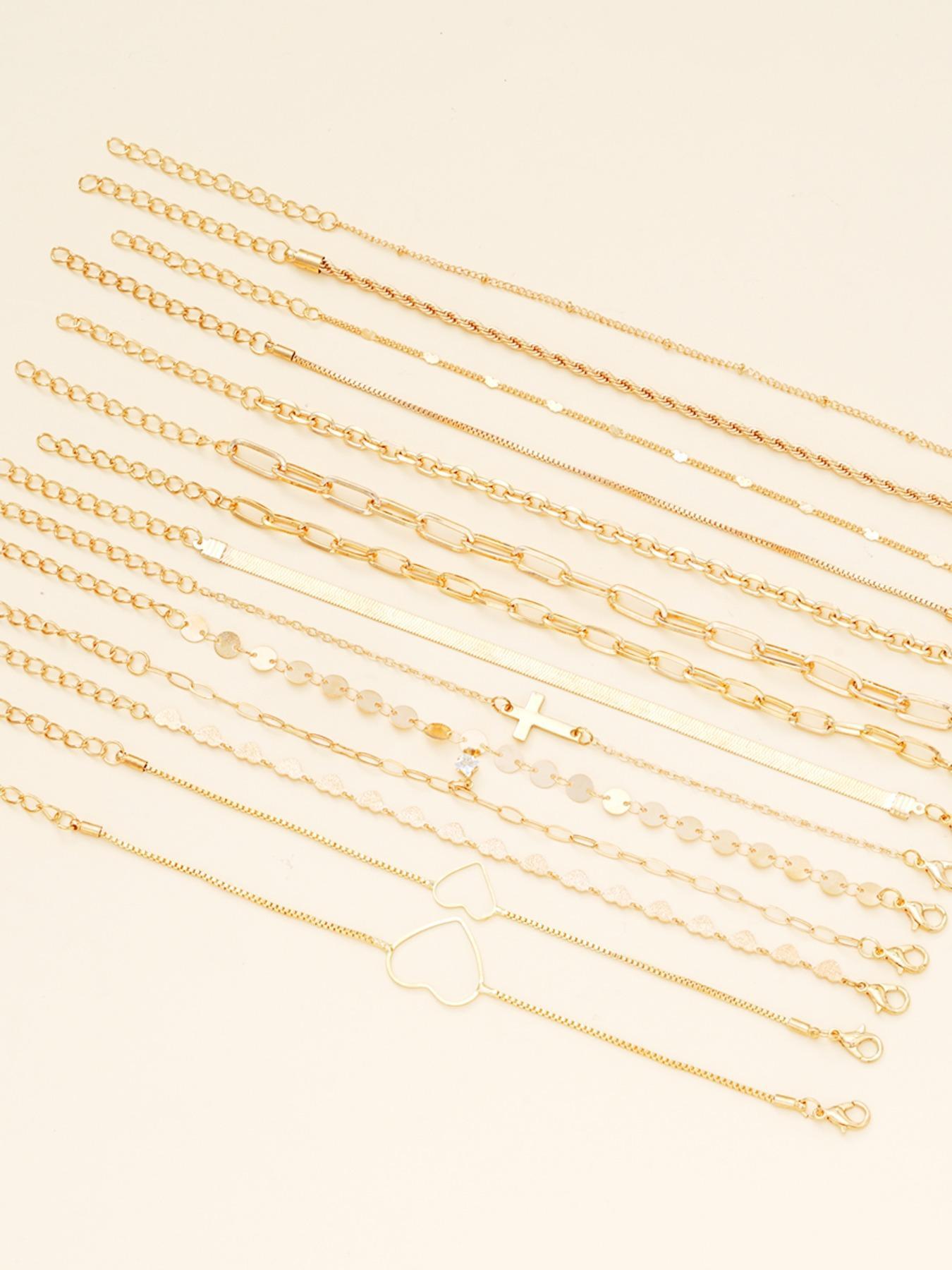 Women's Elegant Stackable Bracelets Set, 14pcs/set Cross & Heart Design Link Bracelet & Chain Bracelet, Fashion Casual Trendy Jewelry for Party, Daily Decor, Trendy All-match & Exquisite Jewelry for Birthday Gift