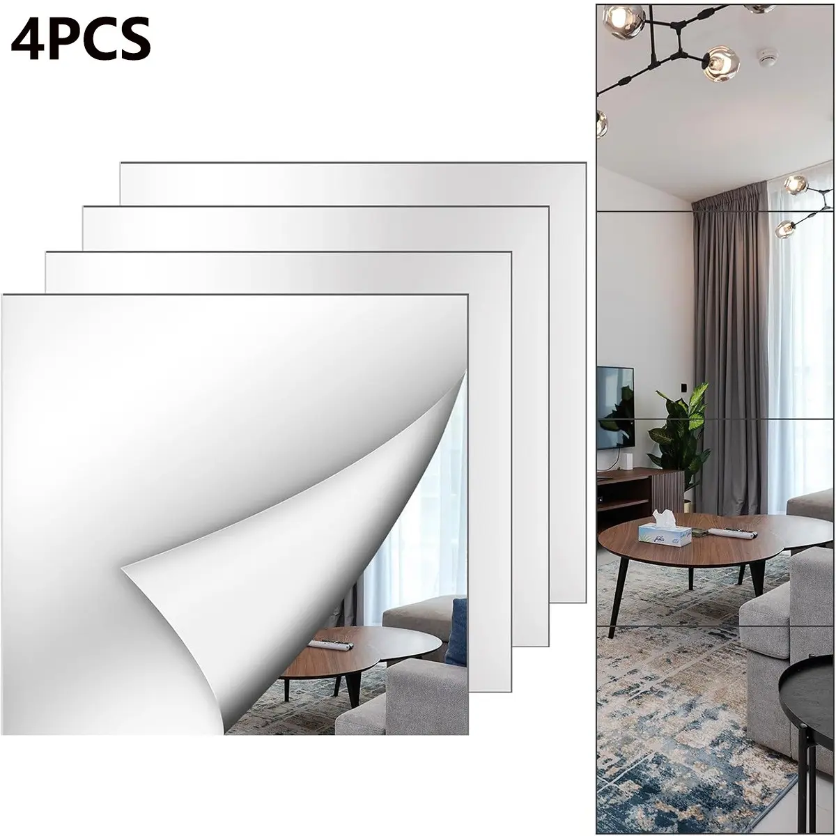 4pcs Silver Square Self Adhesive Mirror Wall Stickers, Waterproof Acrylic Mirror Tiles, Full Length Splicing Mirror Safe for Kids, No Drill Decor Mirror Wall Stickers for Living Room Gym Dorm Rental Apartment, Home Decor