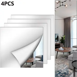 4pcs Silver Square Self Adhesive Mirror Wall Stickers, Waterproof Acrylic Mirror Tiles, Full Length Splicing Mirror Safe for Kids, No Drill Decor Mirror Wall Stickers for Living Room Gym Dorm Rental Apartment, Home Decor