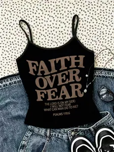 1-piece set girls' sleeveless vest, printed with inspirational letters "Faith Over Fear", black-edged adjustable shoulder straps, pleated and slim-fitting camisole vest, Christian-style girls' summer casual top, Fitted Cami