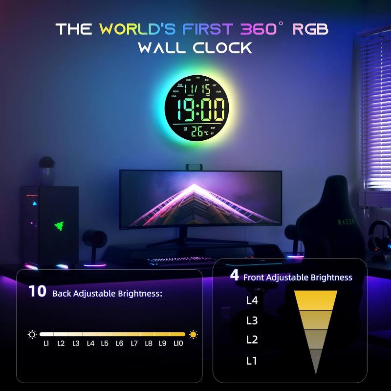 EASYERA 10" Large Circle Digital Wall Clock with Remote Control, Music-Sync, Round clock with RGB Atmosphere Lights with 11 Scenes Mode, Dual Alarms, Timer Clock for ADHD, Focus Tool, Classroom, Game Decor Goods Auto Dst Adjustment.