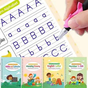 4 Counts/set Exercise Book with Pen, Reusable Writing Book with Groove, Tracking Alphanumeric, School Supplies Educational Learning Tools， 1 Pen & 10 Refills & 1 RandomColor Pen Grip