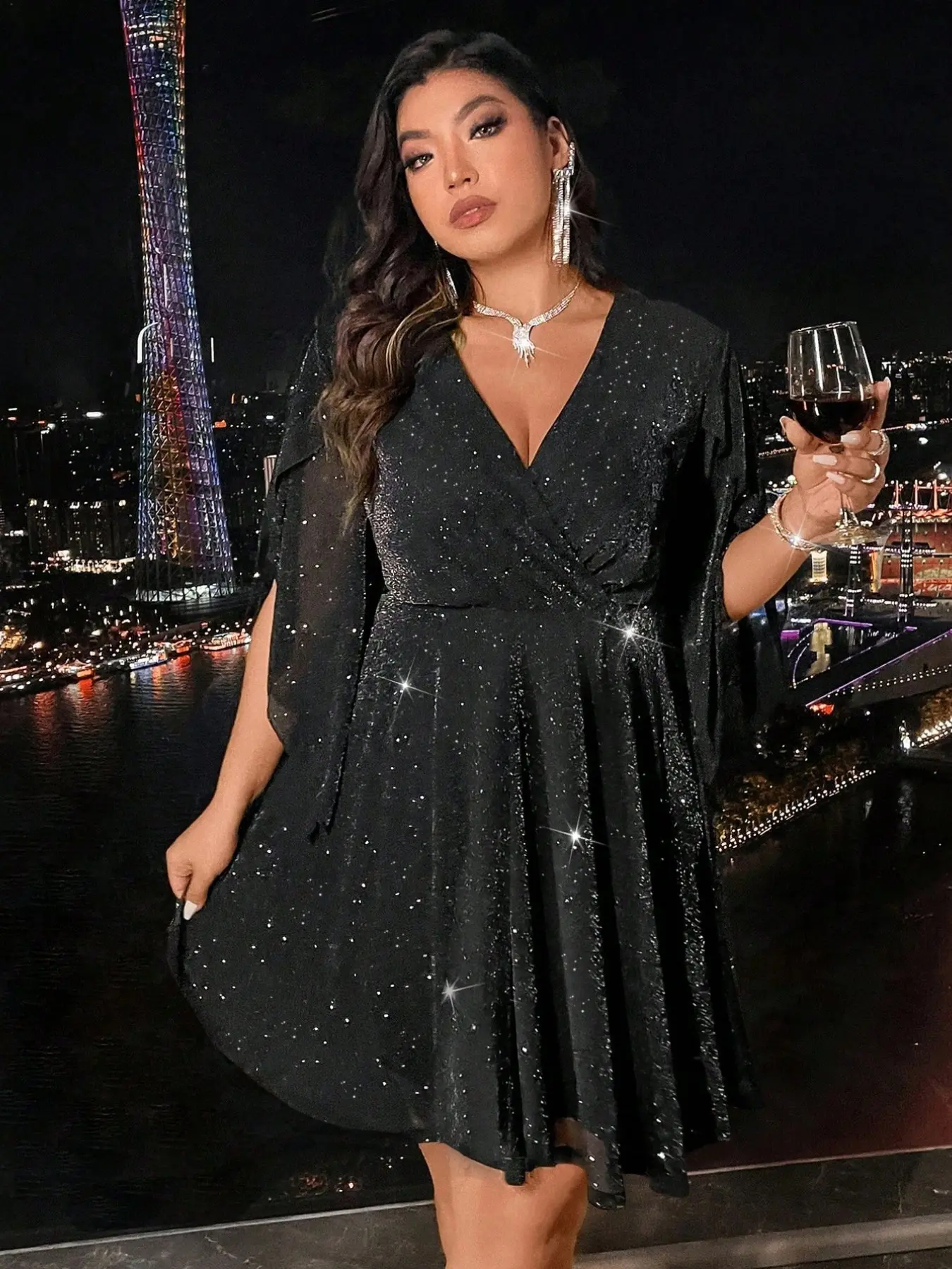 Plus Size Sequin Cross V Neck Short Evening Gown, Flowy Cape Sleeveless A-Line Skirt, Elegant Wedding Guest Party Dress