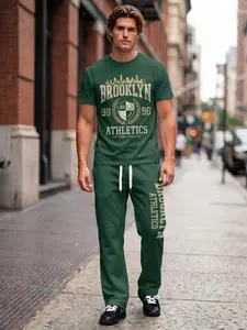 Men's Brooklyn Athletics 96 Print 2-Piece Outfit, Micro-Elastic Comfort T-Shirt & Pants, Collegiate Streetwear, Casual Daily & NYC Style