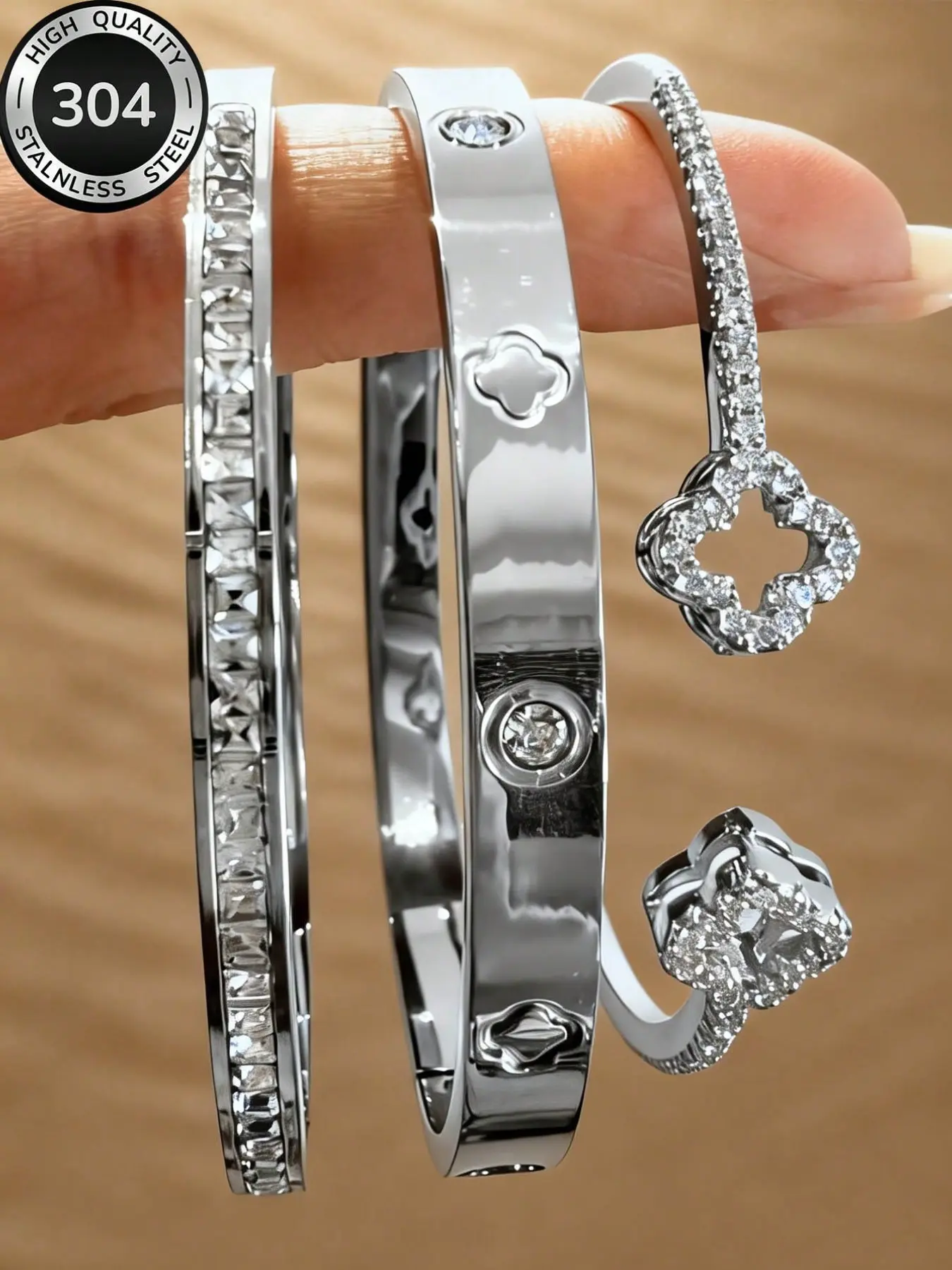 3 pcs Stainless Steel + Copper Silver Four-Leaf Clover And Rhinestone Bracelet Set, 3 Pieces Set For Women, Stackable, Minimalist Fashion, Hypoallergenic Material, Perfect Mother's Day Gift, Summer Vacation Accessory, Stacked Bracelets