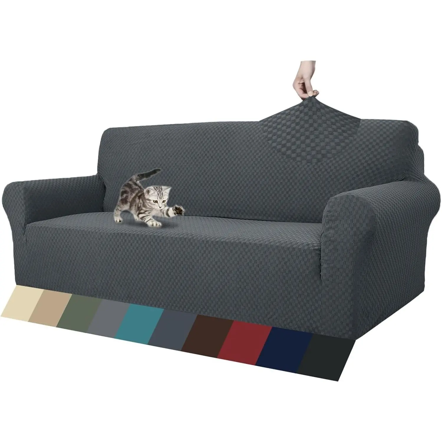 1-Piece High Stretch Jacquard Sofa Cover for 3-Cushion Couch, Anti-Slip Slip-On Multi-Size Furniture Protector, Pet & Dog Friendly Thickened Living Room Couch Cover (Dark Grey)