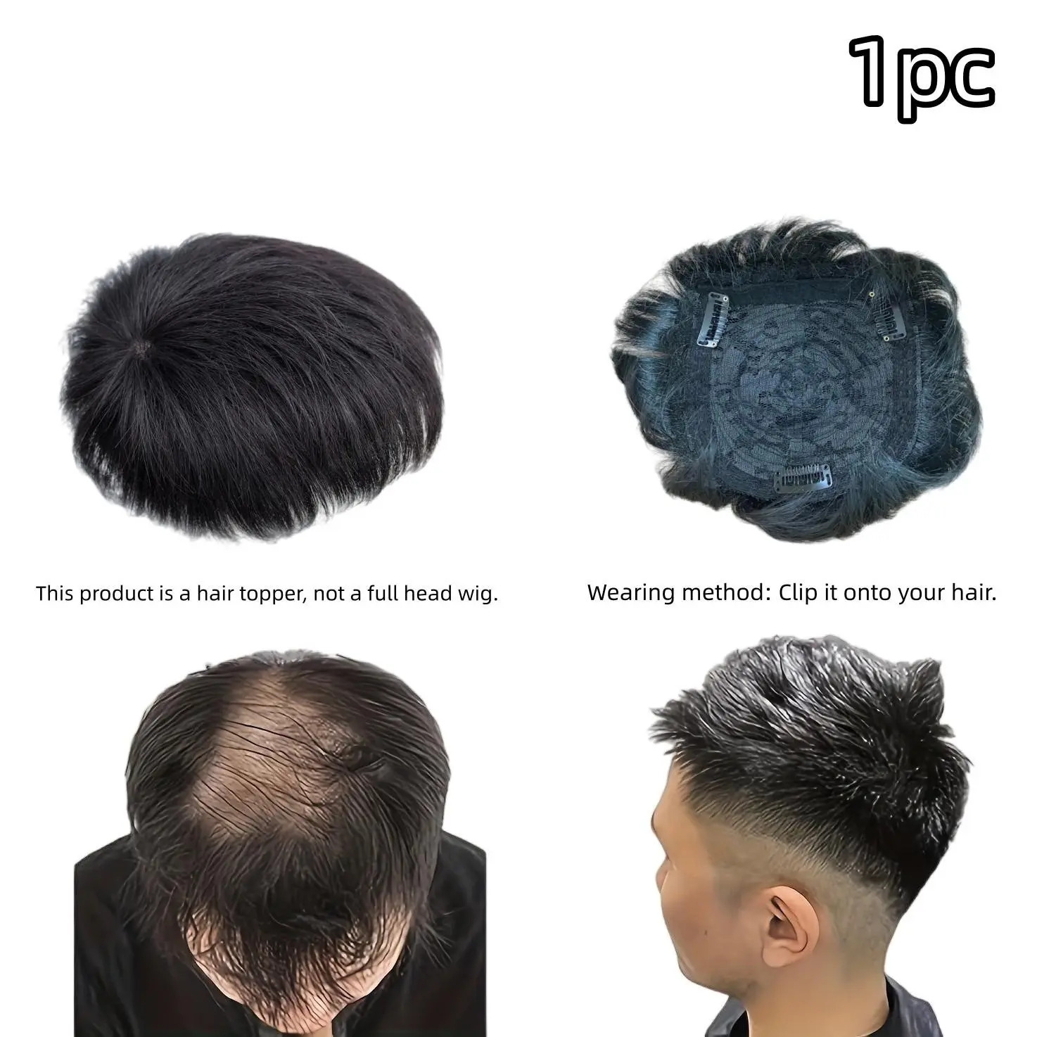 Men's Invisible Hair Patch, Hairpieces, Hairtoppers, Heat-Resistant Fiber Material, Fluffy Texture, Short Stylish Design, Clip-On Attachment, Not Full Wig, Single Piece, Synthetic Hair Pieces