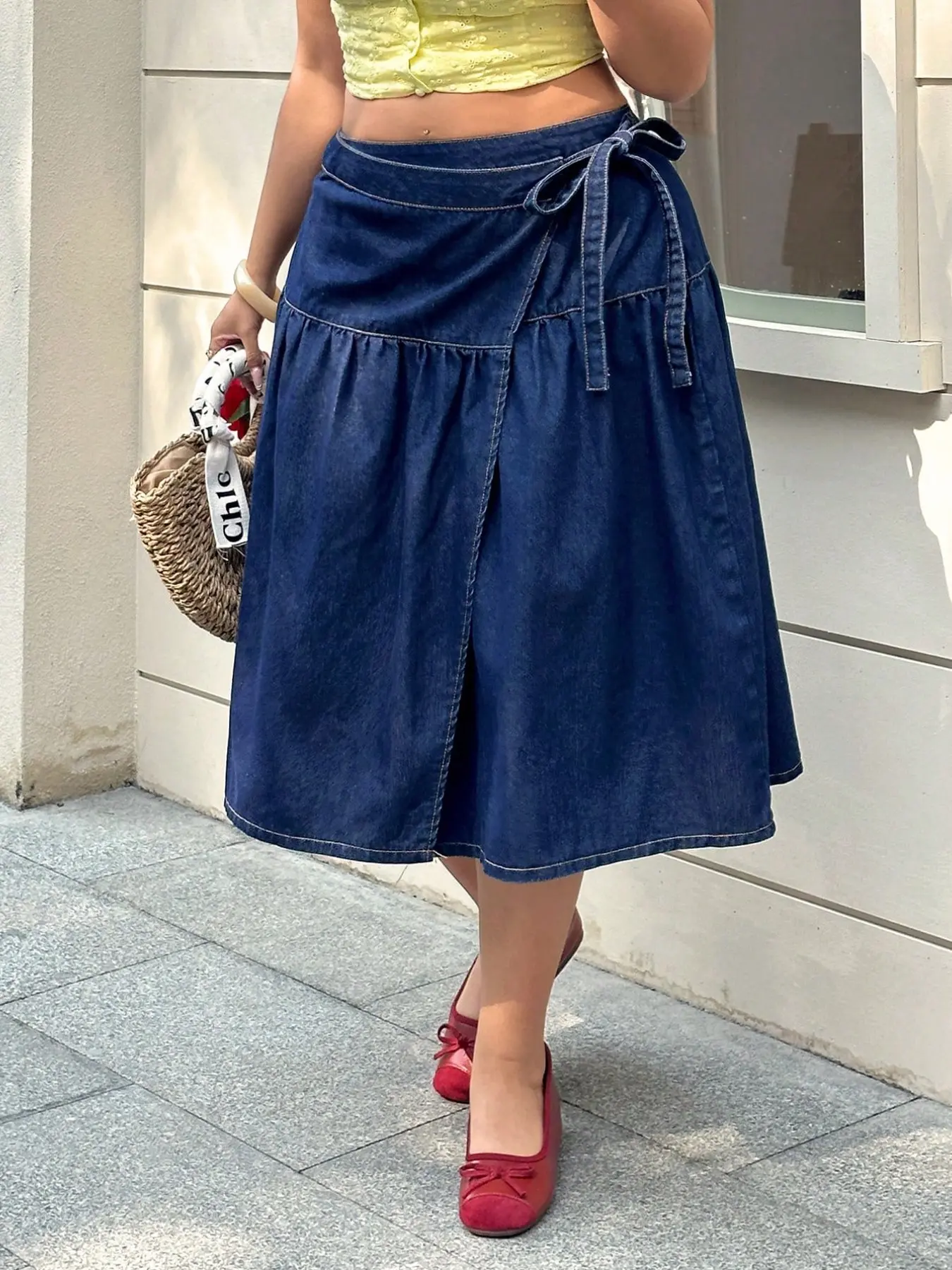 Plus Size Women's Side Tie Dark Wash Denim A-Line Skirt, Bottoms, Spring Summer Chic Casual Commute Dress, Soft Baggy Loose Fit All-Body Style, Versatile Fashion Piece