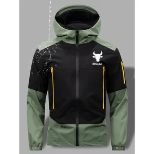 Men's Hooded Windbreaker Jacket Lightweight Outdoor Shell Full Zip Colorblock Patchwork Tactical Activewear Running Hiking Training Gym Sporty Apparel Strong Bull Graphic Print Contrast Zipper Pockets Windproof Casual Streetwear Gorpcore Outfits 4-Colors