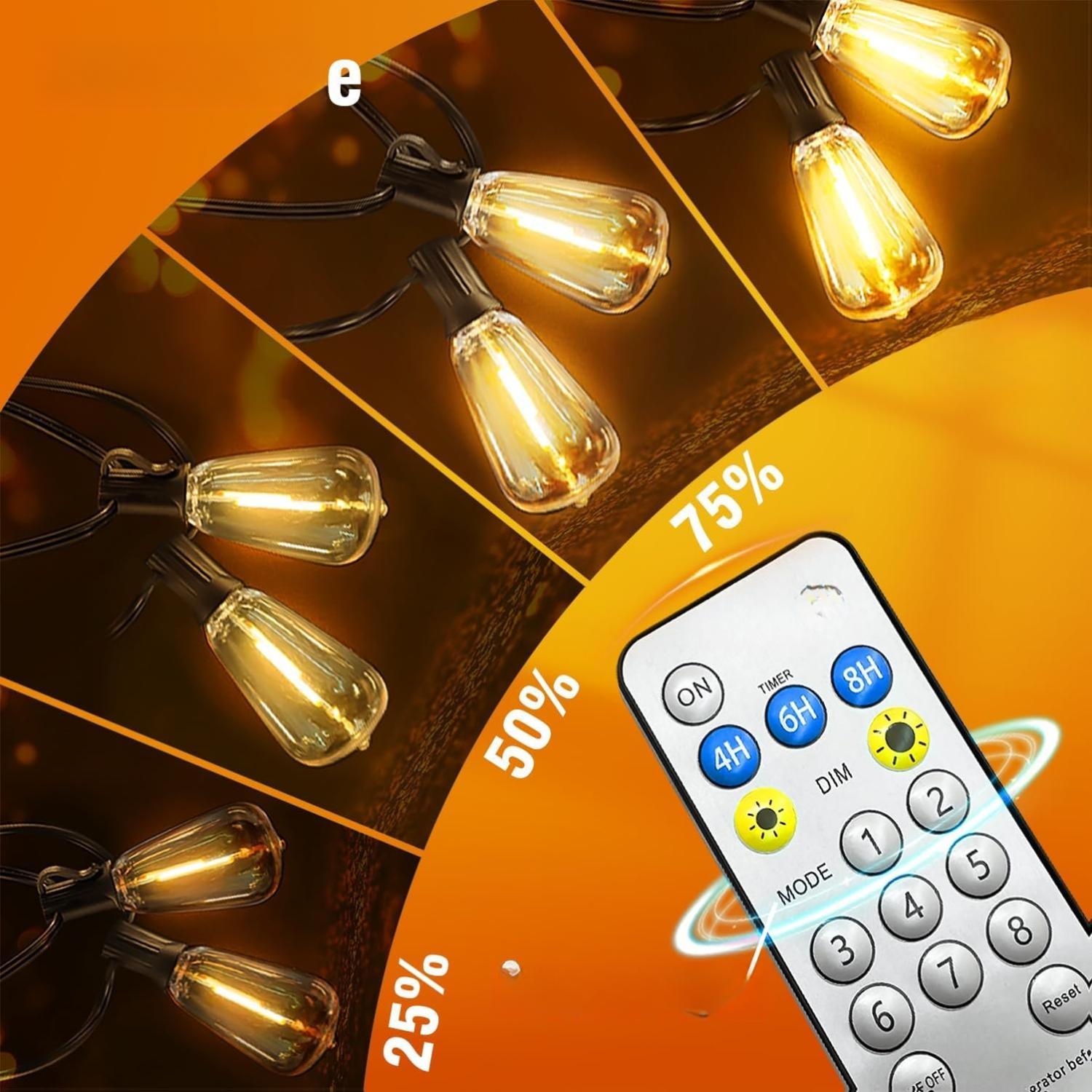 Solar String Lights Outdoor Waterproof with Remote & Timer, LED Shatterproof ST38 Bulbs, USB & Solar Powered Patio Lights for Backyard, Porch, Garden, Wedding, Christmas Decor (25FT)