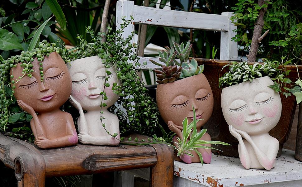 Unique Pots Resin Face Planter, Tilted Head Closed-Eye Smiley Design,  1-Hand Hold Feature, Drainage Hole, Lightweight for Indoor Succulents &  Outdoor Gardens - TikTok Shop
