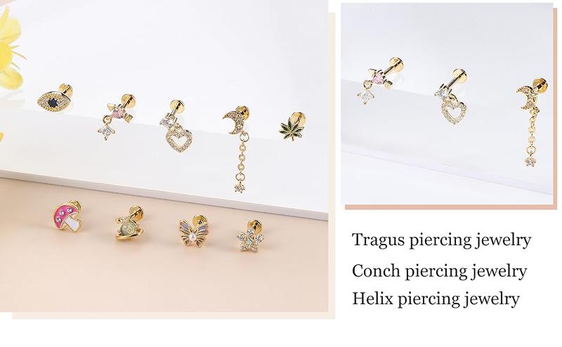 Sanfenly 9 Pcs Steel Cartilage Tragus Earrings for Women Gold Tragus Cartilage Helix Conch Piercing Jewelry 16G Surgical Stainless Cartilage Labret Jewelry Helix Tragus Piercing Cute Flower Butterfly Ear Piercing Stud