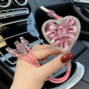 Bling Rhinestone Heart 3-in-1 Charging Cable, Sparkly Crystal Multi USB Fast Charger Cord , Cute Aesthetic Pink White Girly Car Accessory, Trendy Viral Gift for Women & Girls