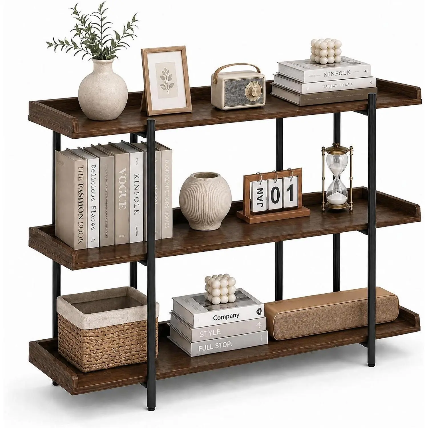 3-Tier Industrial Bookshelf，Storage Shelves Thickness, Rustic Farmhouse Bookshelf with Raised Edge Guard, with 6 Legs for Home Office Living Room Bedroom Kitchen