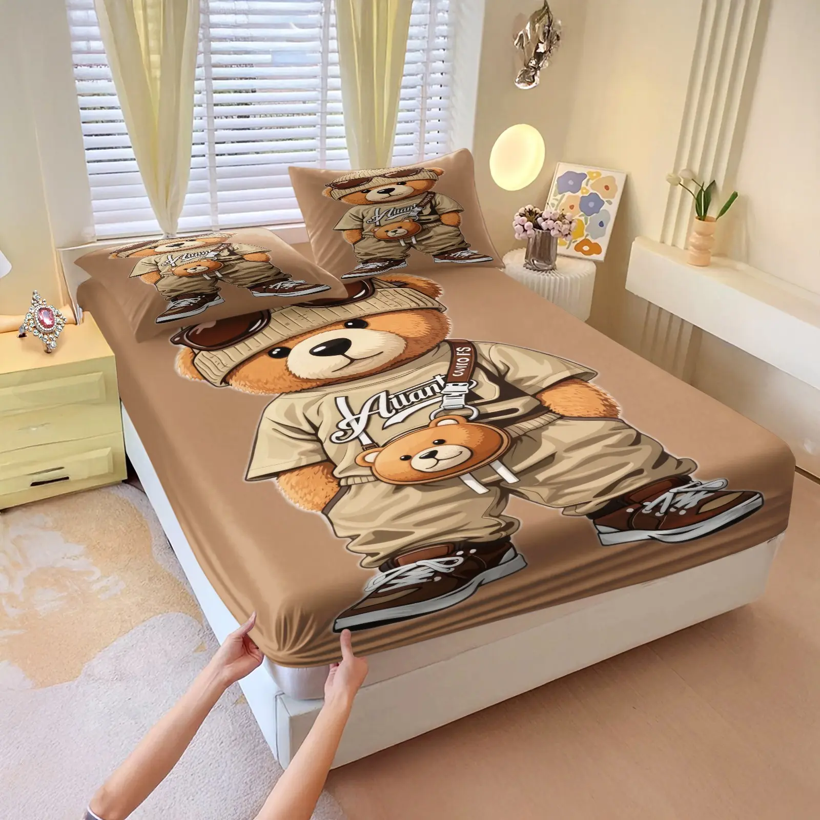 3pcs Hip-Hop Teddy Bear Printed Fitted Sheet Set, Cute Bedding, Cartoon Teddy Bear Wearing Sunglasses Knitted Hat Print, Soft And Comfortable, 1fitted Sheet+2 Coreless Pillowcases, Deep Pocket Design, For Bedroom Bedding Set