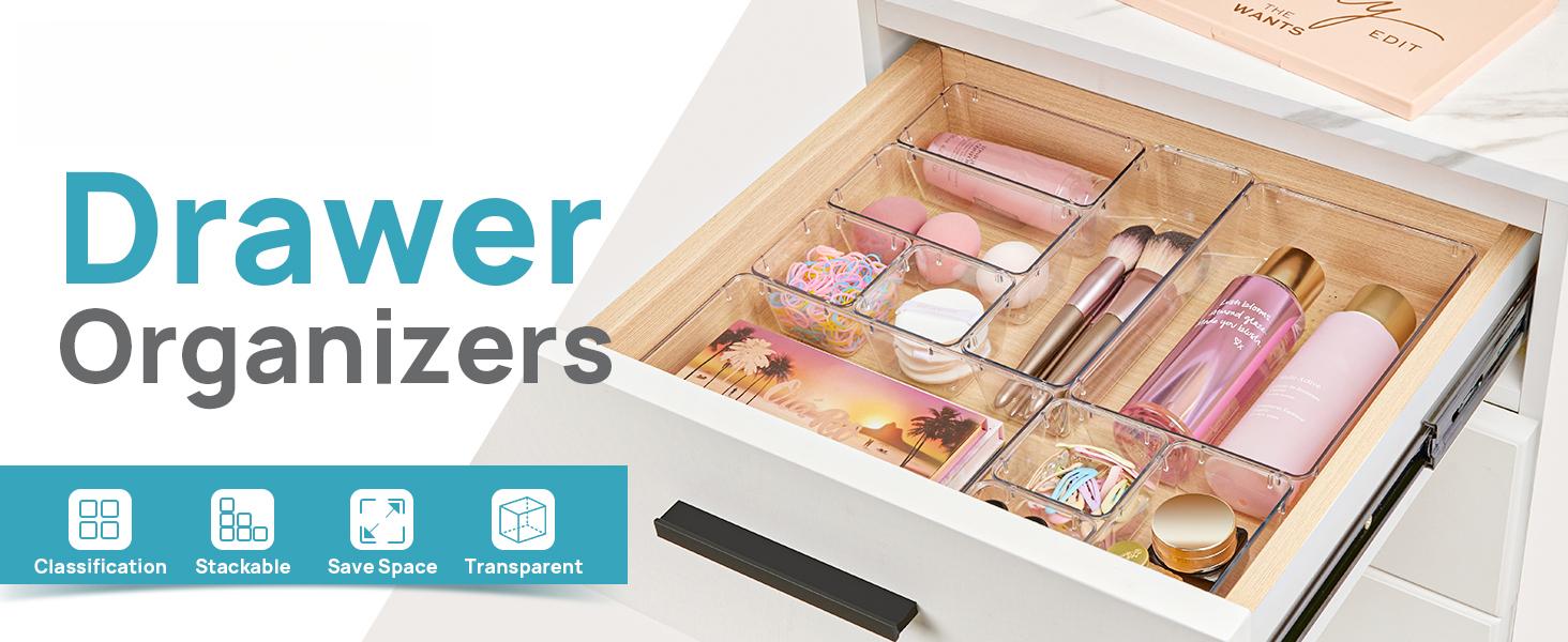 44 PCS Clear Plastic Drawer Organizers Set, 4-Size Versatile Bathroom and Vanity Organizer Trays, Non-Slip Storage Containers for Makeup, Jewelries, Bedroom,Kitchen Utensils and Office