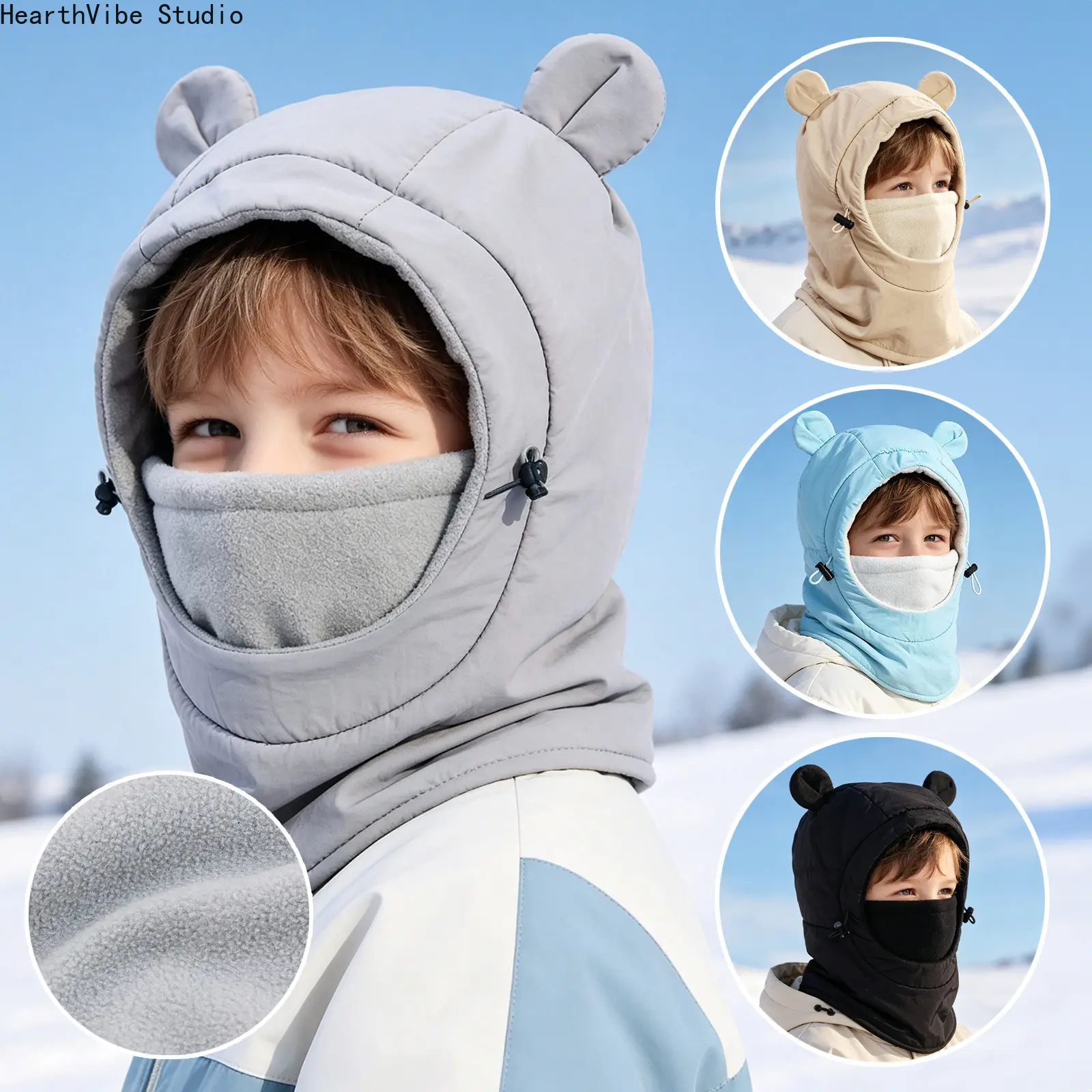 Balaclava Fleece Hooded Scarf, Cute Bear Ears Winter Warm Earflap Hat with Face Mask, Windproof Thermal Neck Warmer for Boys Girls Autumn Outdoor Skiing Cycling