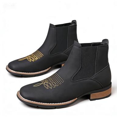 Men's Western Embroidered Chelsea Ankle Boots, Pull-On Elastic Gusset, Cowboy Style Casual Work Boots for American Men