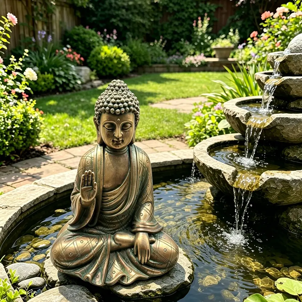 Large Copper Color Seated Buddha Statue, Resin Garden Ornament, Religious Decor for Gardens, Courtyards, Tea Rooms, Outdoor Spaces