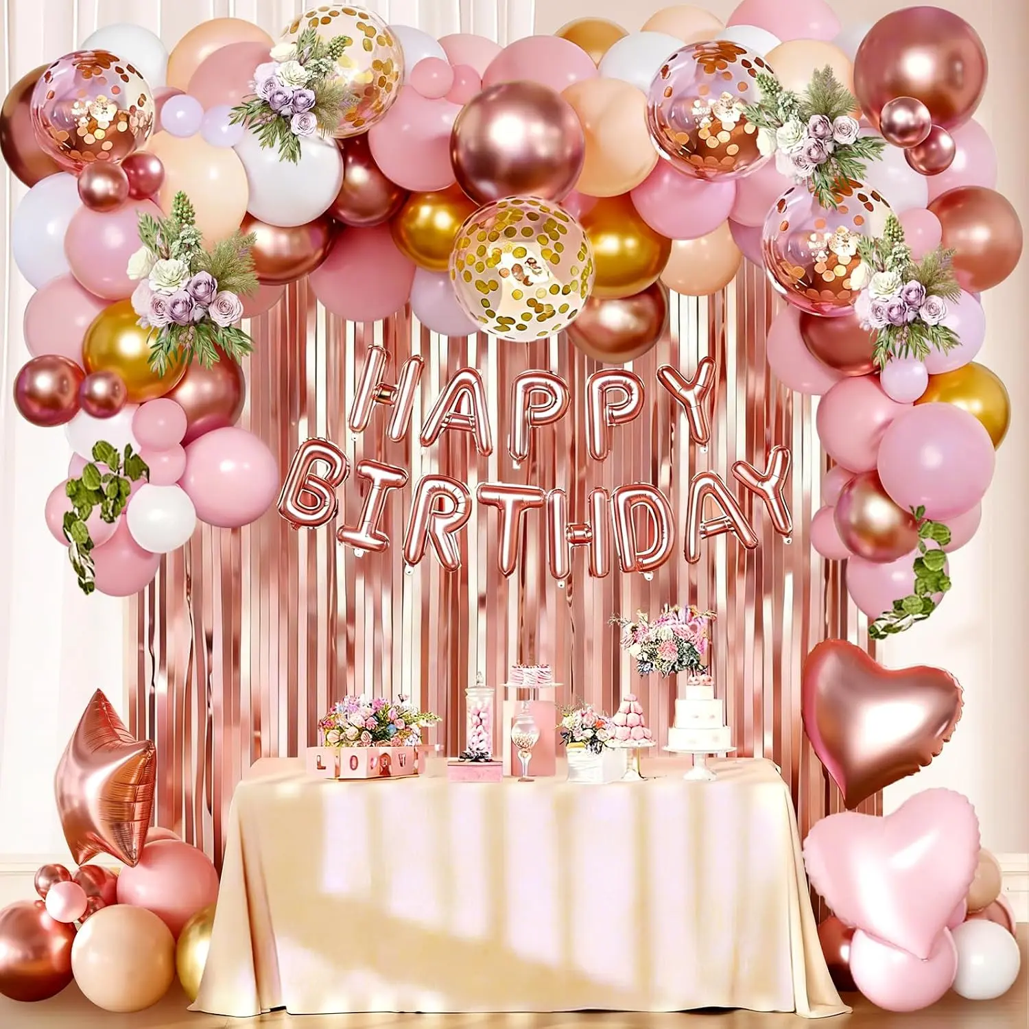 Rose  Birthday Decorations for Women Girls,   Peach White Balloons Confetti Foil Balloons Happy Birthday Banner Fringe Curtains for Happy Birthday Party Supplies