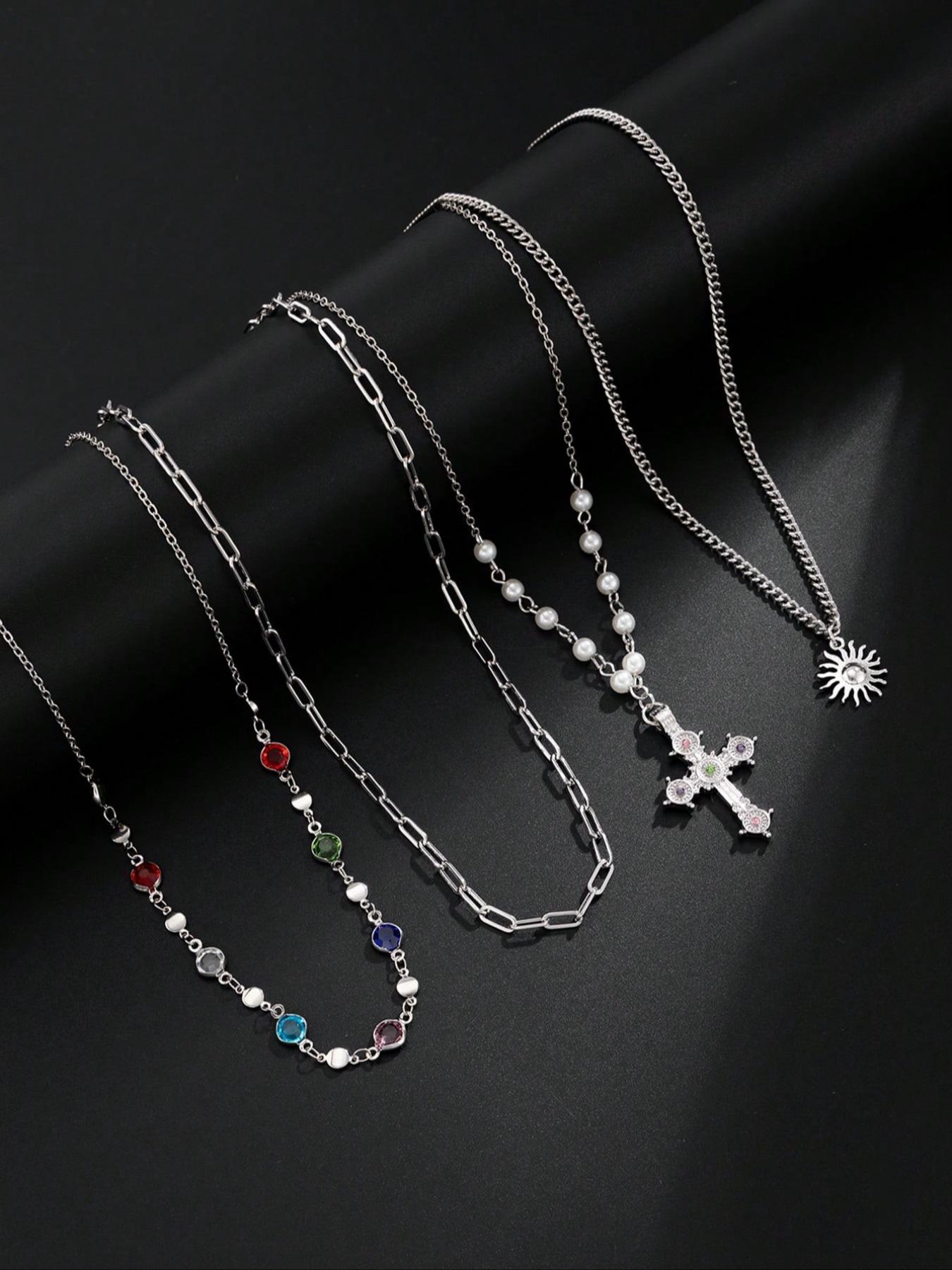 4-piece Vintage Multi-color Rhinestone Cross Sun Pendant Elegant Necklace Set, Durable Alloy Material Adjustable Hip Hop Punk Unique Cross Pendant Jewelry for Men, Couples Necklace, Iced Out Chains