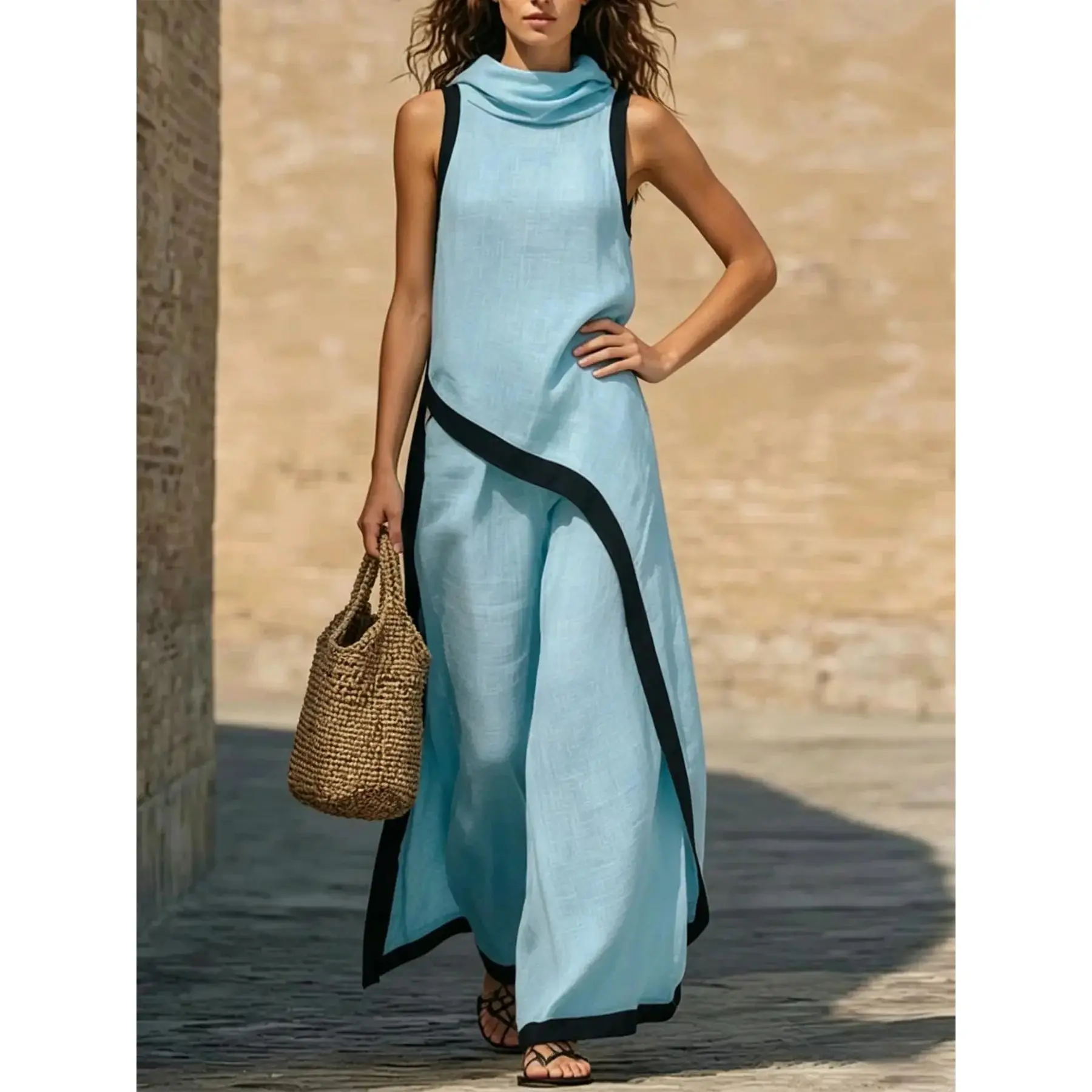 Women's Classic Asymmetrical Cut Elegant Hooded Colorblock Vest Top and Long Pants Set Coordinated Set, Stylish Two-Piece Clothes for Casual Wear, Well Made, Fashion Forward, Everyday Essential, effortless layering