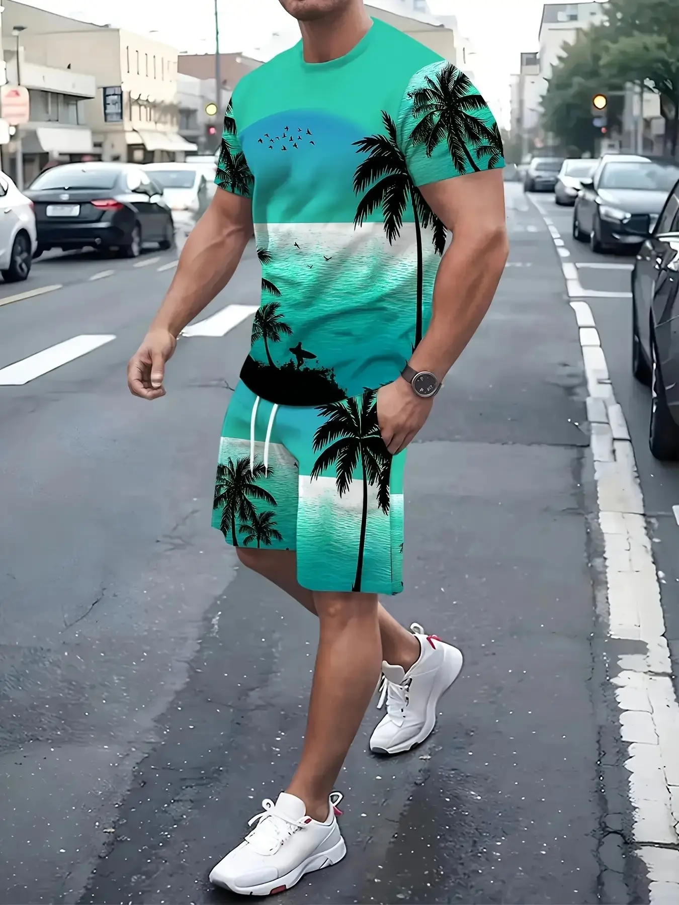 Men's Surfing Beach, Blue Ocean Palm Tree Print, Short Sleeve T-Shirt & Shorts Set, Slim Fit, Adjustable Straps