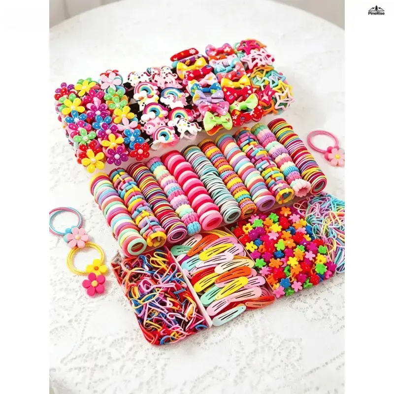 906-Piece Cartoon Theme Magic Girls Accessory Set, Rainbow Bows Anti-Slip Clips, Anti-Slip Elastic Bands for Ponytail Chignon Styling, Outdoor Holiday Gift with Bag Charm & Twilly Accessory, Hair Styling Tools