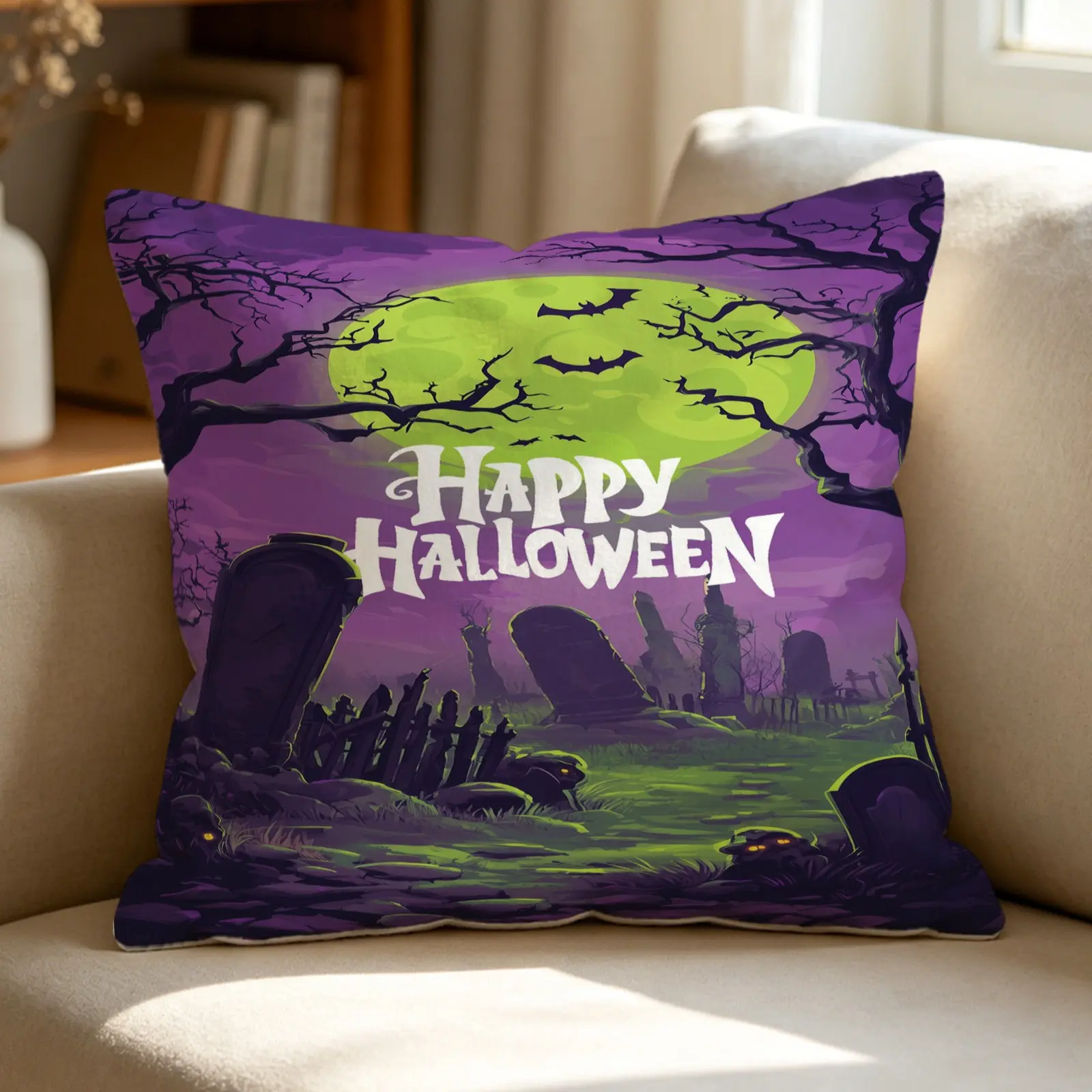 Halloween Spooky Graveyard Cemetery Digital Print Throw Pillow, Gothic Accent Pillow Decor Cushion, Includes Pillow Core, Vivid Spooky Pattern, Ideal Decor for Sofa, Couch, Bedroom, Halloween Party & Indoor Holiday Home Decoration