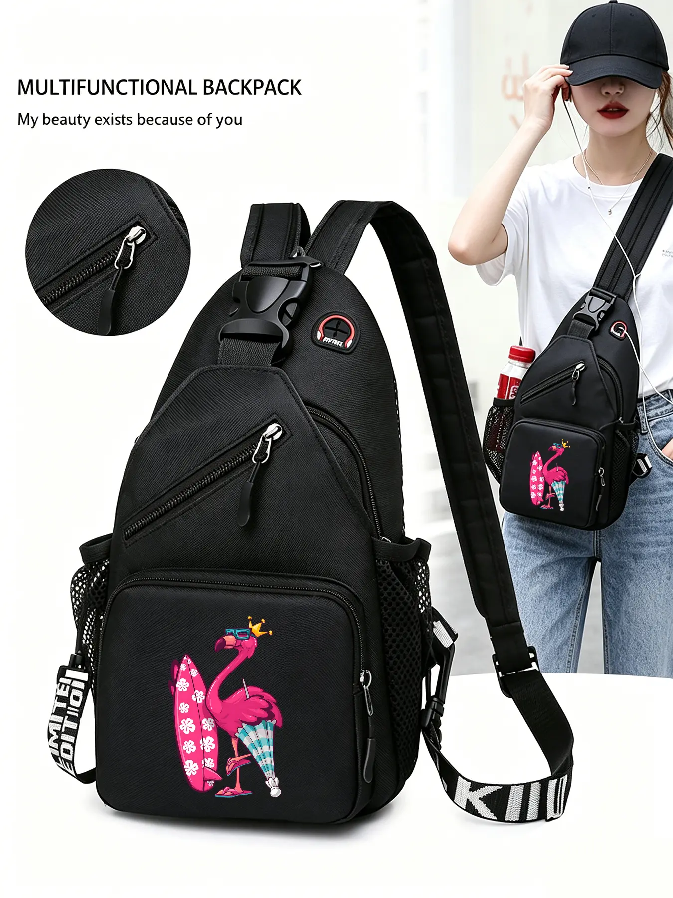 Flamingo Patterned Convertible Crossbody Bag/backpack, Multi-functional Chest Bag with Convertible Zippered Shoulder Strap, Multiple Pockets, Suitable for Travel, Sports, and Daily Commuting