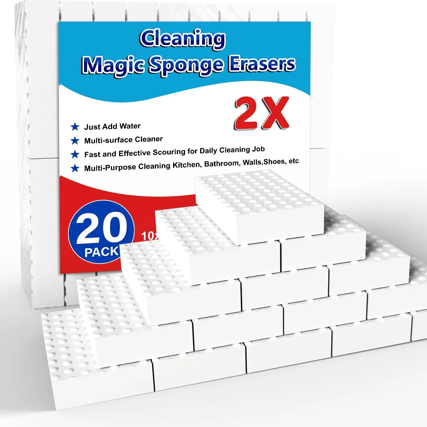 YFMHK Magic Sponge Erasers, 20 Pack 2X Density Stronger Melamine Sponge Foam Pads, Multi-Functional Household Cleaning Supplies Cleaner for Kitchen, Bathroom, Bathtub, Sink, Wall Cleaner