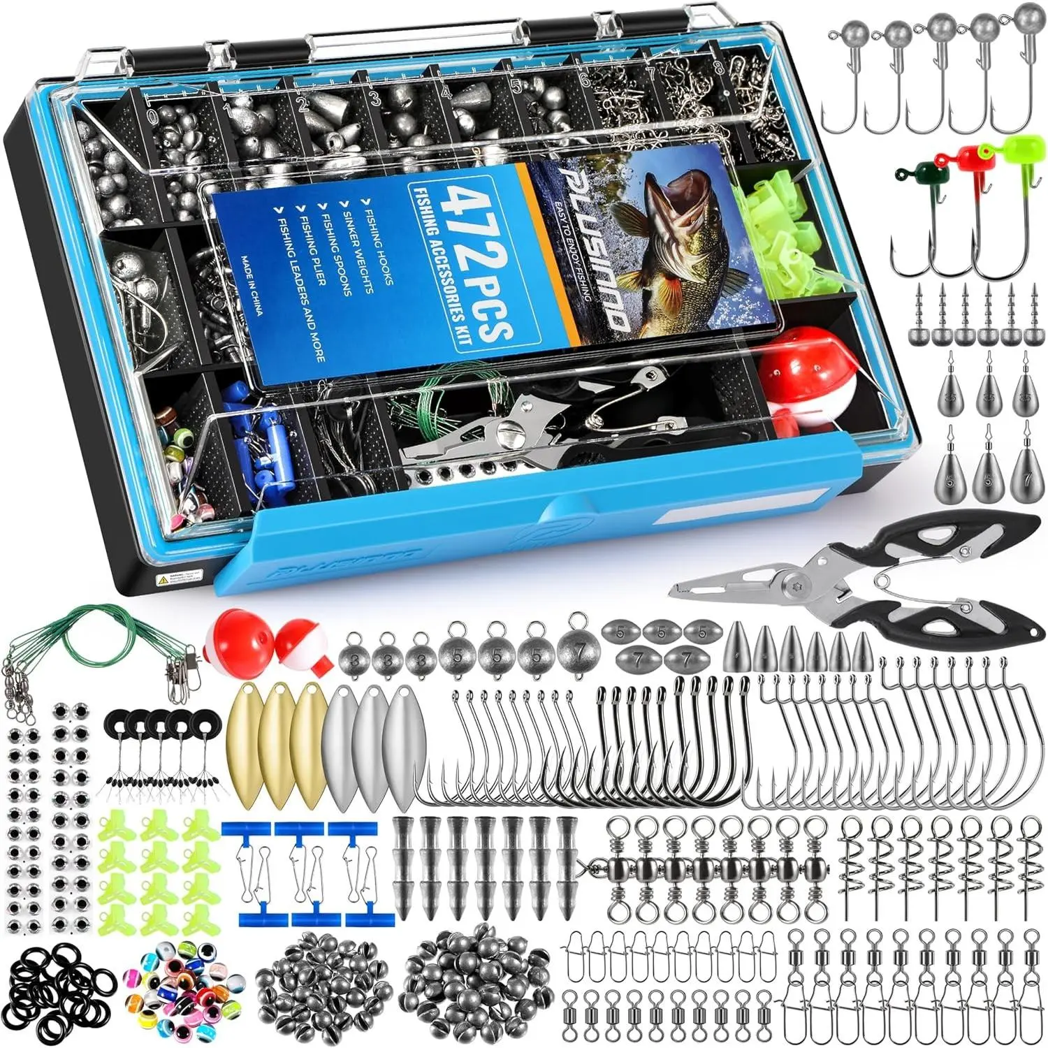 472PCS Fishing Accessories Kit, Waterproof Tackle Box with Tackle Included, Fishing Gifts for Men Included Hooks, Weights, Pliers,Fishing Gear and Equipment for Bass TroutGift