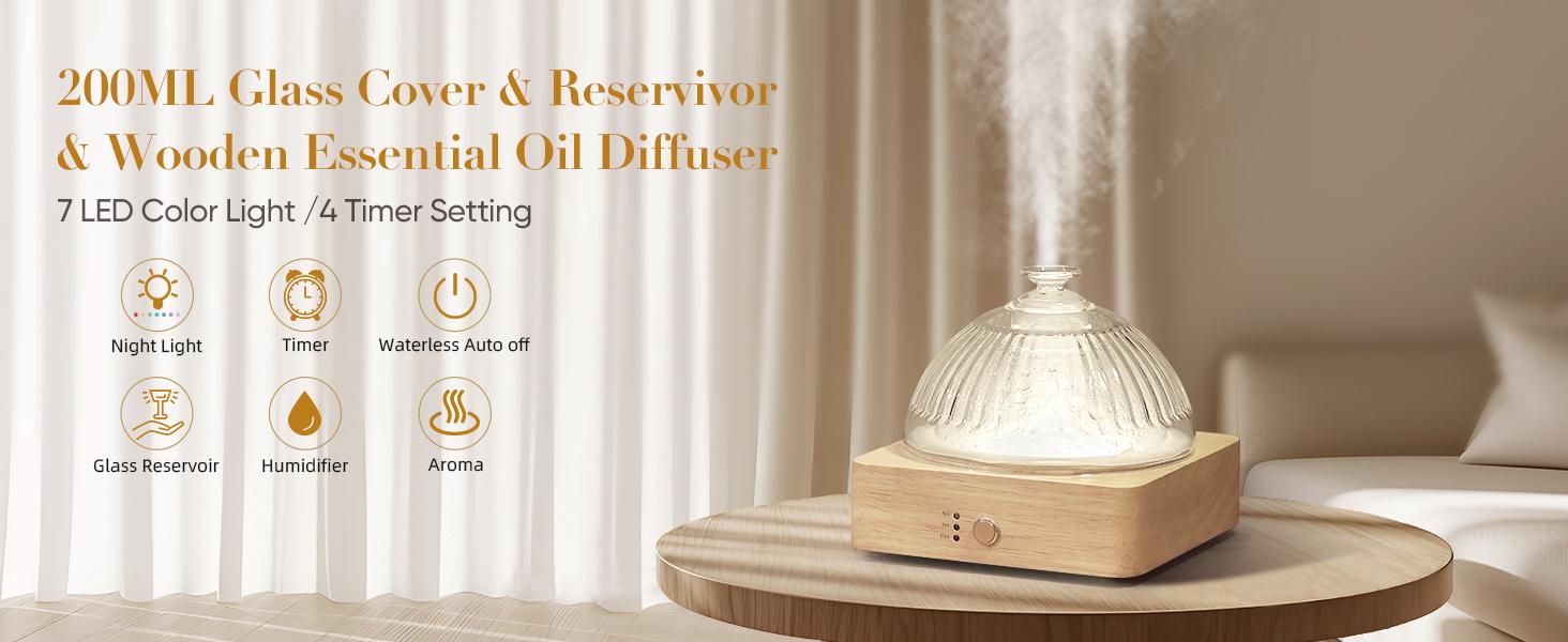 200ml Ultrasonic Glass Dome Essential Oil Diffuser with Glass Reservoir and Wood Base No Plastic for Aromatherapy Home Office Yoga Pilates with Timer 7 Color Light Auto Off