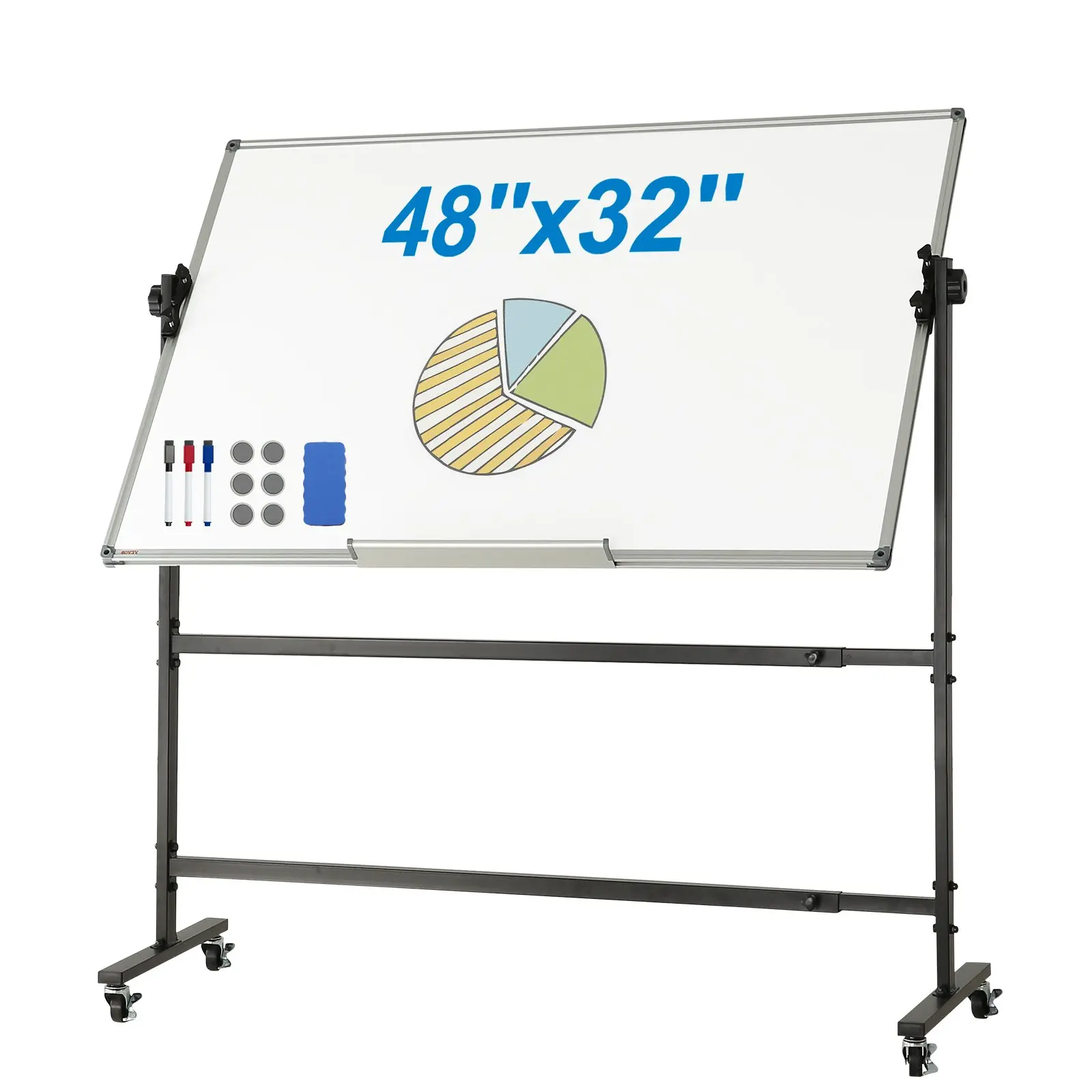 【DealsForYouDays】VEVOR Rolling Whiteboard, 48x32 inch Double-Sided Magnetic Mobile Whiteboard, 360 Reversible Adjustable Height Dry Erase Board with Wheels Movable Tray for Office School