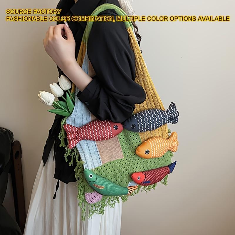 2026 New Niche Versatile Fashion Patchwork Personality Fish Handbag Knitted Tote Bag for College Students, Large Capacity Women's Bag for Class and mute
